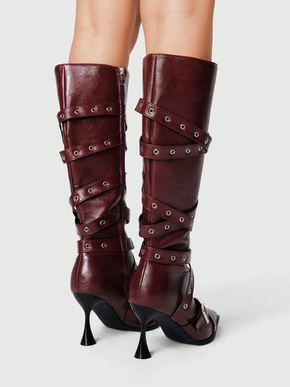 Buckle Strap Pointed Toe Mid-Calf High Heel Boot