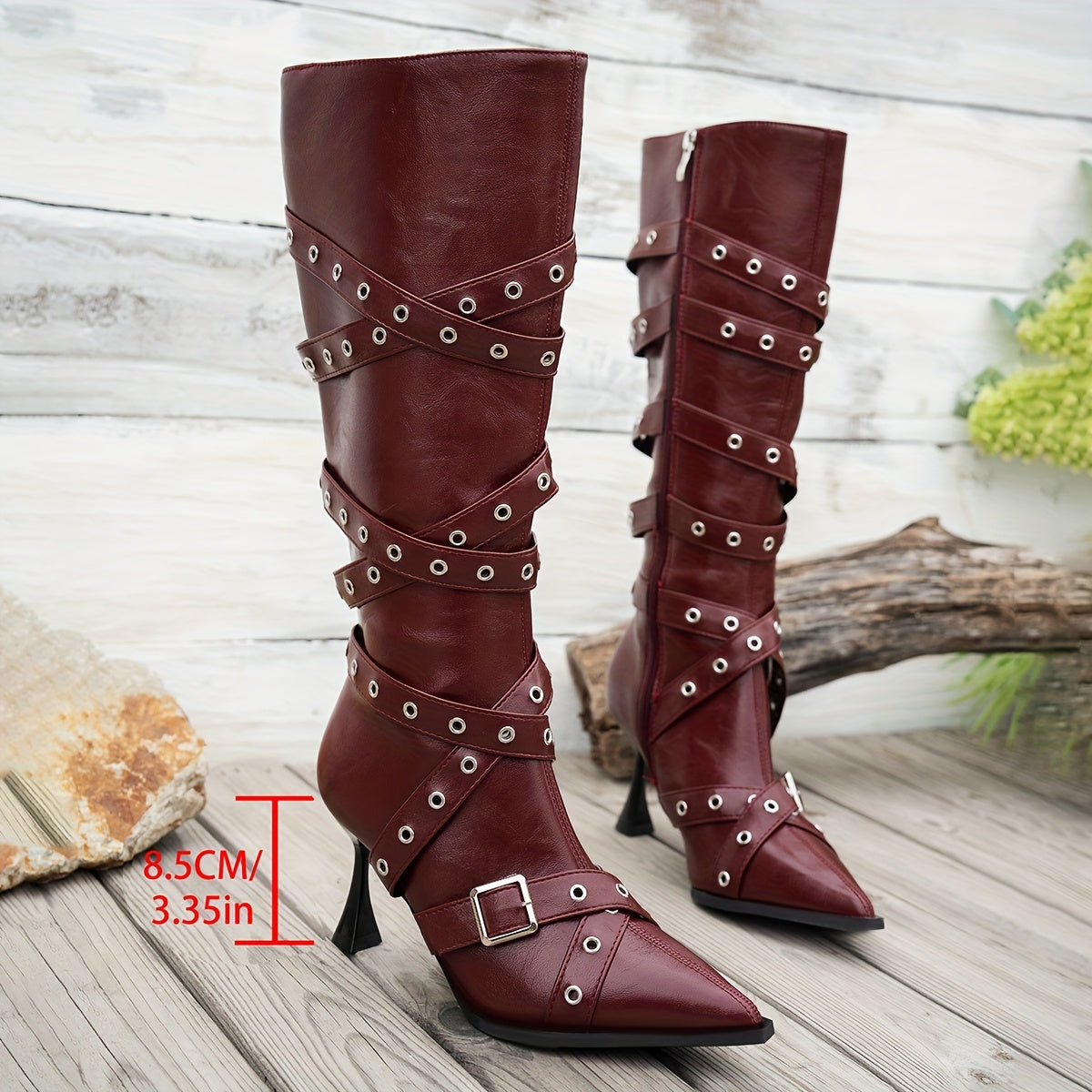 Buckle Strap Pointed Toe Mid-Calf High Heel Boot