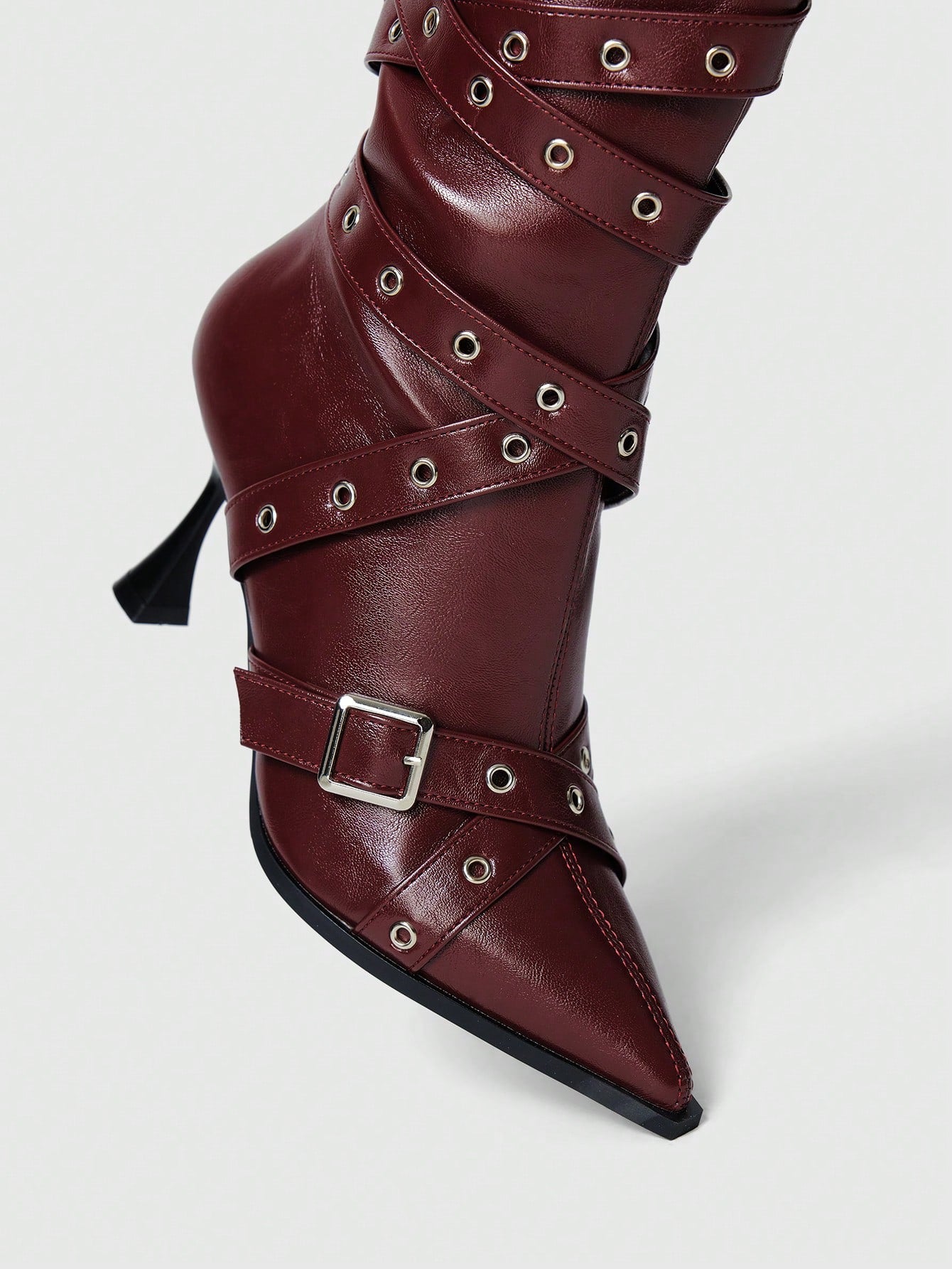 Buckle Strap Pointed Toe Mid-Calf High Heel Boot
