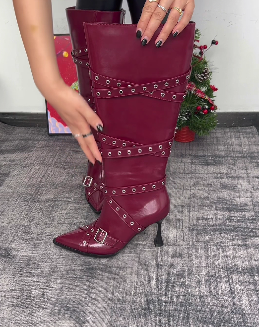 Buckle Strap Pointed Toe Mid-Calf High Heel Boot