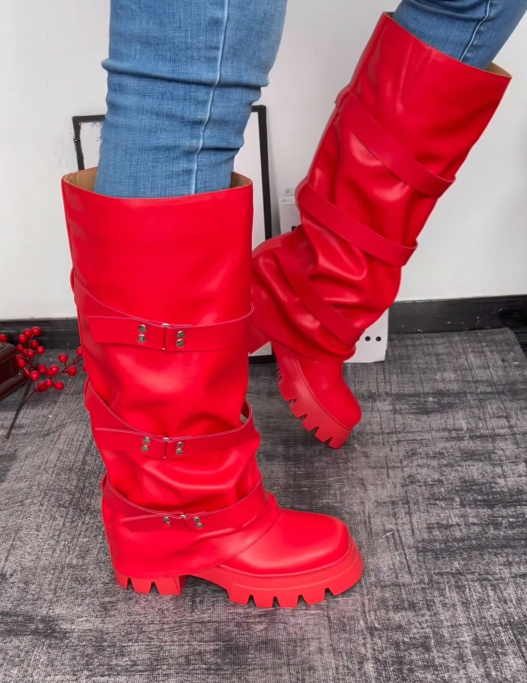 Buckle Details Thick-soled Knee High Boot