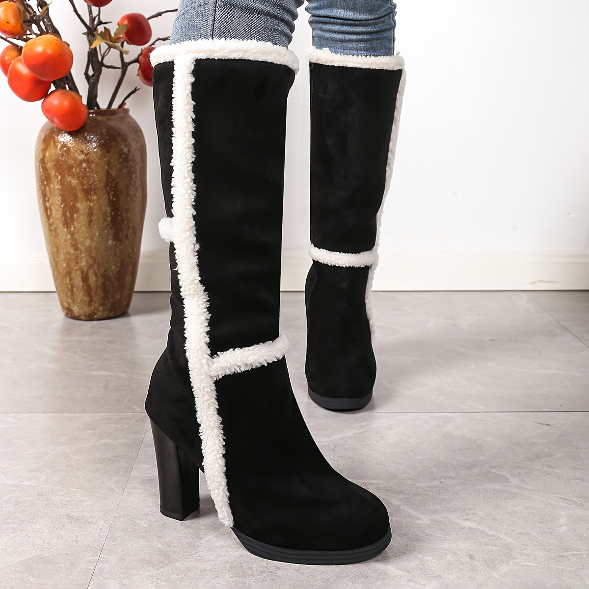 Winter Snow Faux Collar Plush - Chunky Heel Boots