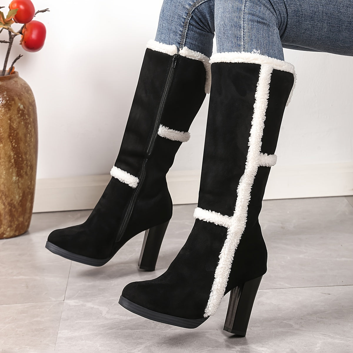 Winter Snow Faux Collar Plush - Chunky Heel Boots