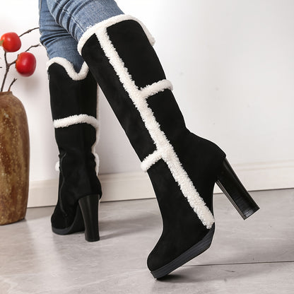 Winter Snow Faux Collar Plush - Chunky Heel Boots