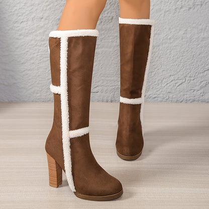 Winter Snow Faux Collar Plush - Chunky Heel Boots