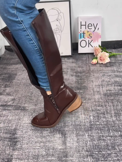 PU Leather Waterproof And Warm Zippered Mid-calf Boot