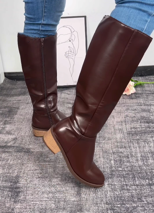 PU Leather Waterproof And Warm Zippered Mid-calf Boot