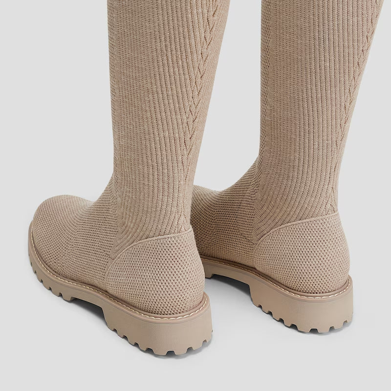Round-Toe Stretchy Wool Knee-High Boots