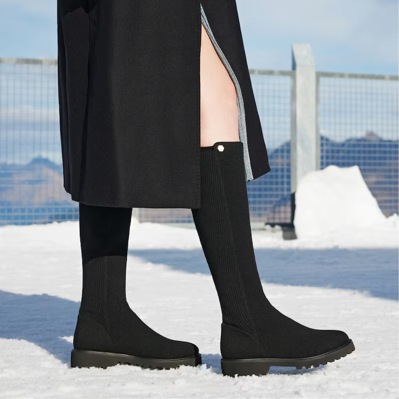 Round-Toe Stretchy Wool Knee-High Boots