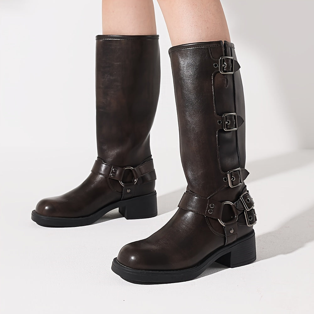 Retro Metal Buckle Mid-heel Knee-high Boot
