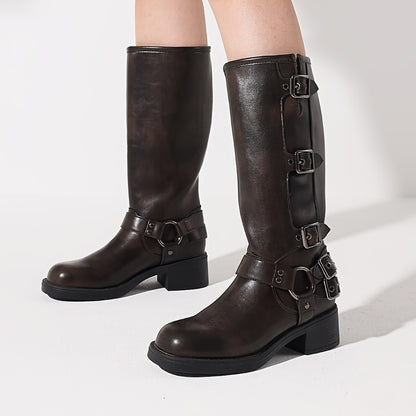 Retro Metal Buckle Mid-heel Knee-high Boot