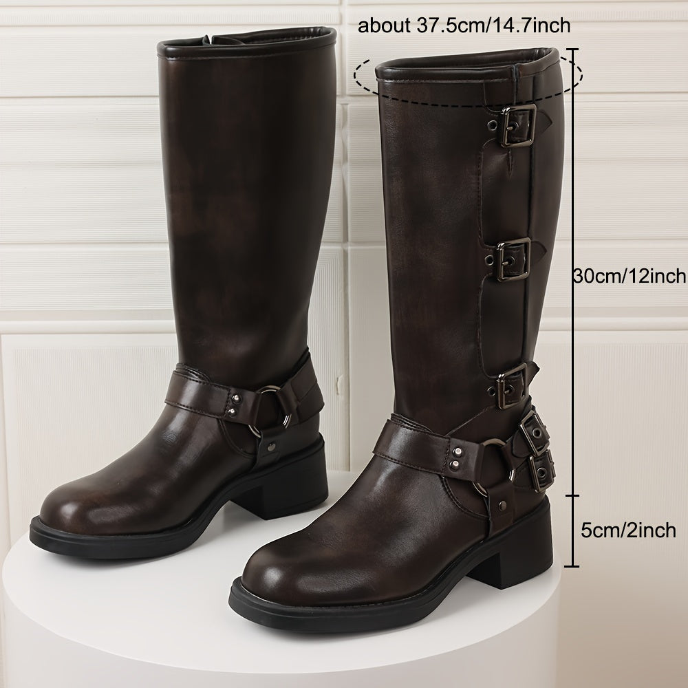 Retro Metal Buckle Mid-heel Knee-high Boot