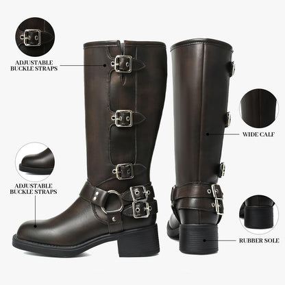 Retro Metal Buckle Mid-heel Knee-high Boot