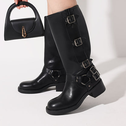 Retro Metal Buckle Mid-heel Knee-high Boot
