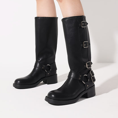 Retro Metal Buckle Mid-heel Knee-high Boot