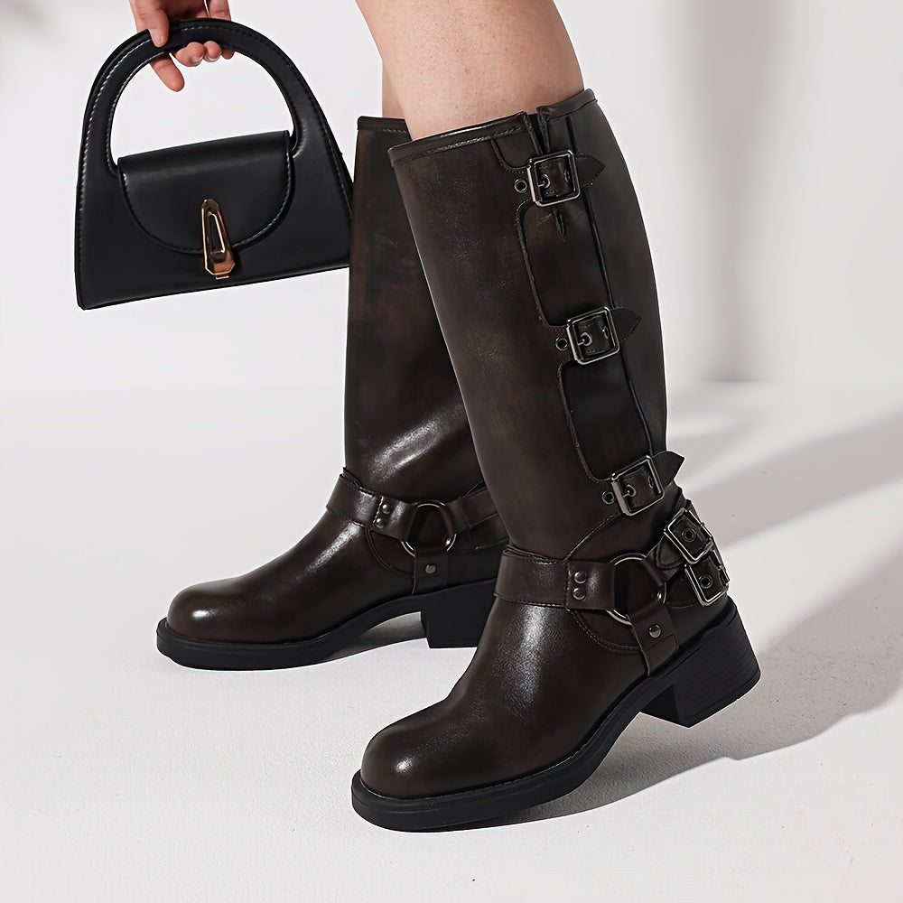 Retro Metal Buckle Mid-heel Knee-high Boot