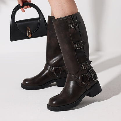 Retro Metal Buckle Mid-heel Knee-high Boot