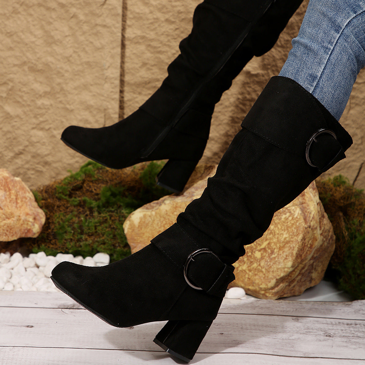 Suede Buckle Detail Chunky Heels Knee-high Boot