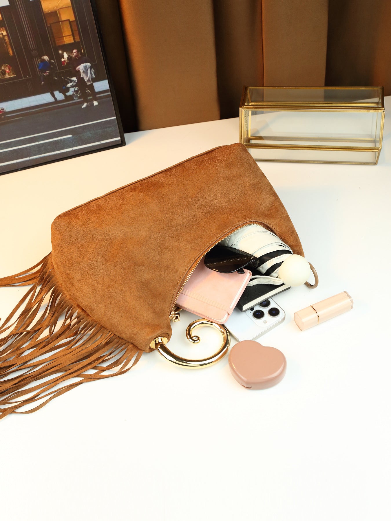 Vintage Fringed Curved Evening Handbag