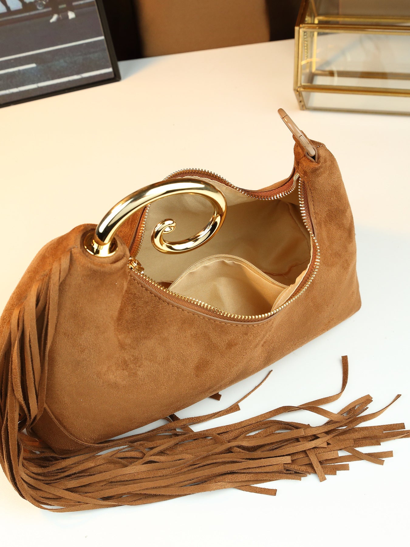 Vintage Fringed Curved Evening Handbag