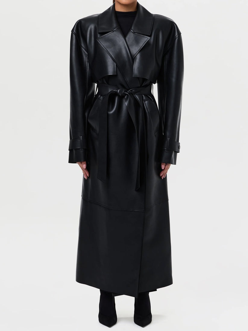 Fashionable Vegan PU Leather Lace-up Coat