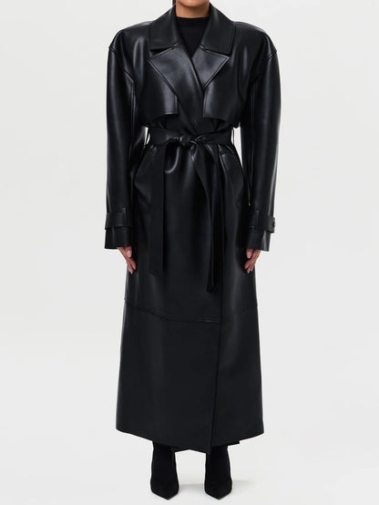 Fashionable Vegan PU Leather Lace-up Coat
