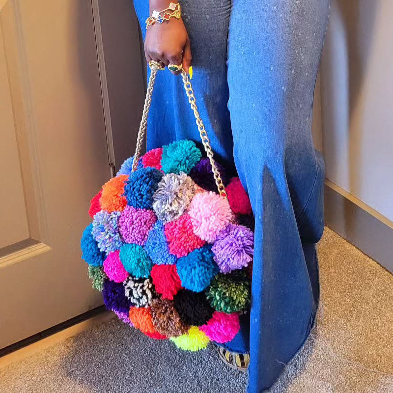 Multicolor Pompom Bag Shoulder Bag