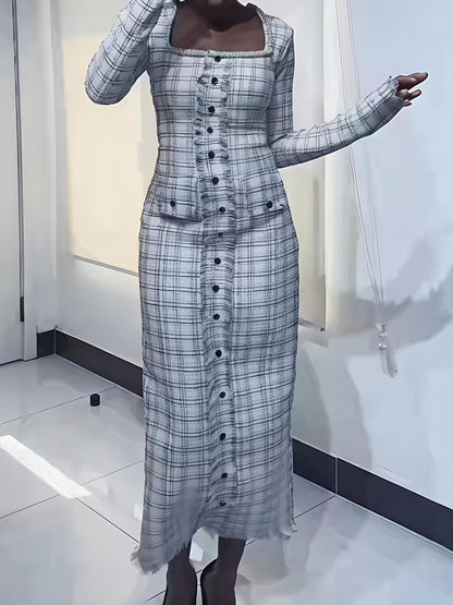 Faux Pearl Square Collar Tweed Dress