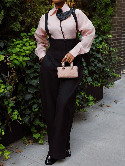 Lapel Floral Shirt & Suspender Rounded Corset Pants Set