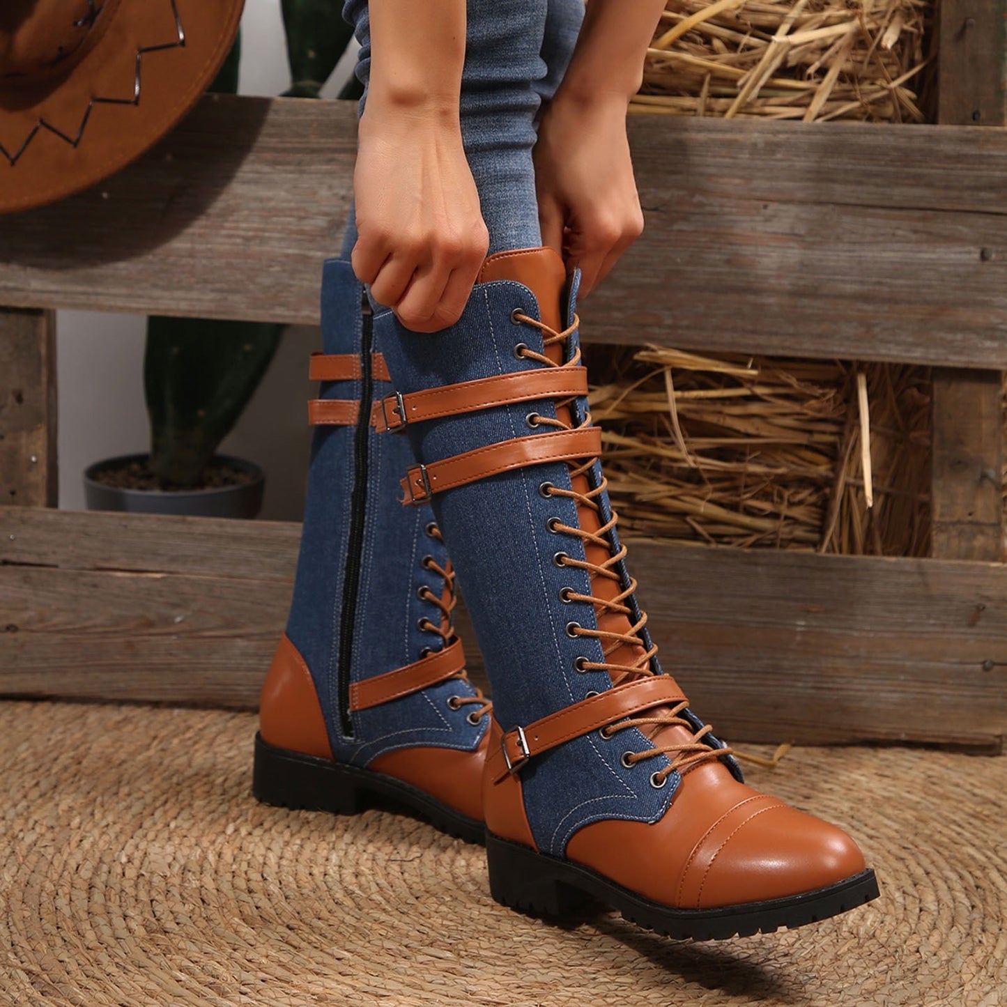 Buckled Design Zipper Knee Boots