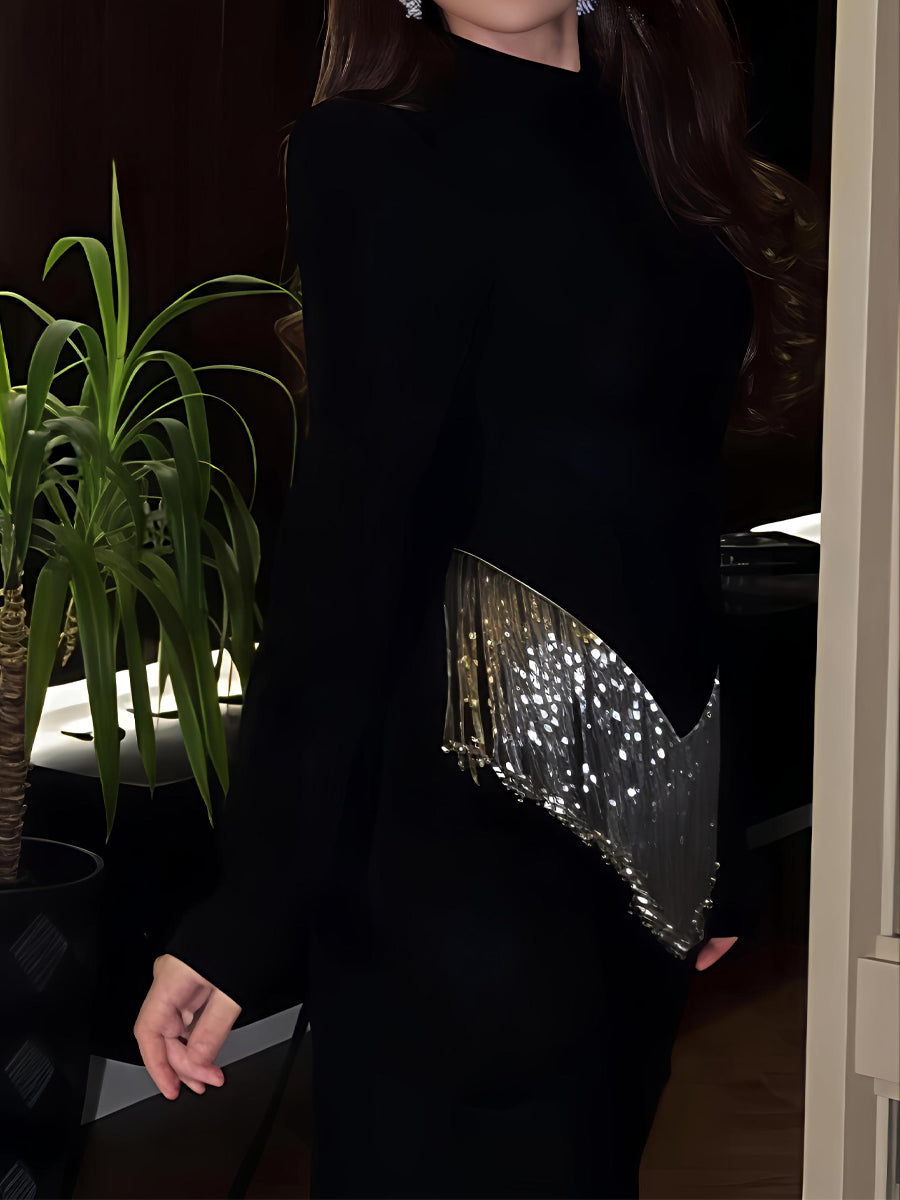 Gorgeous Rhinestone Sparkle Tassels Slim Maxi Dress