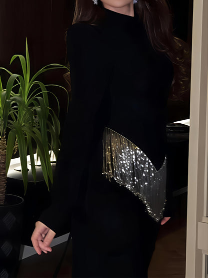 Gorgeous Rhinestone Sparkle Tassels Slim Maxi Dress