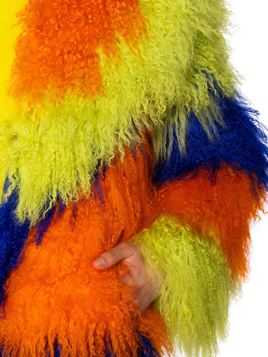 Wide Foldover Collar Fur Colorblock Coat