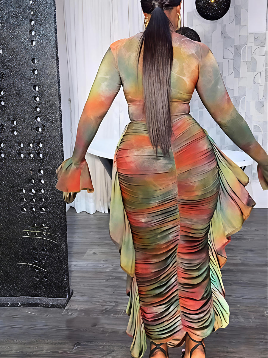 Fashion Mesh Printed Ruffled Maxi Dress