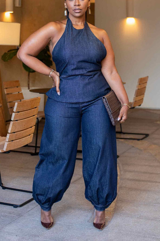 Denim Halter Pant Set
