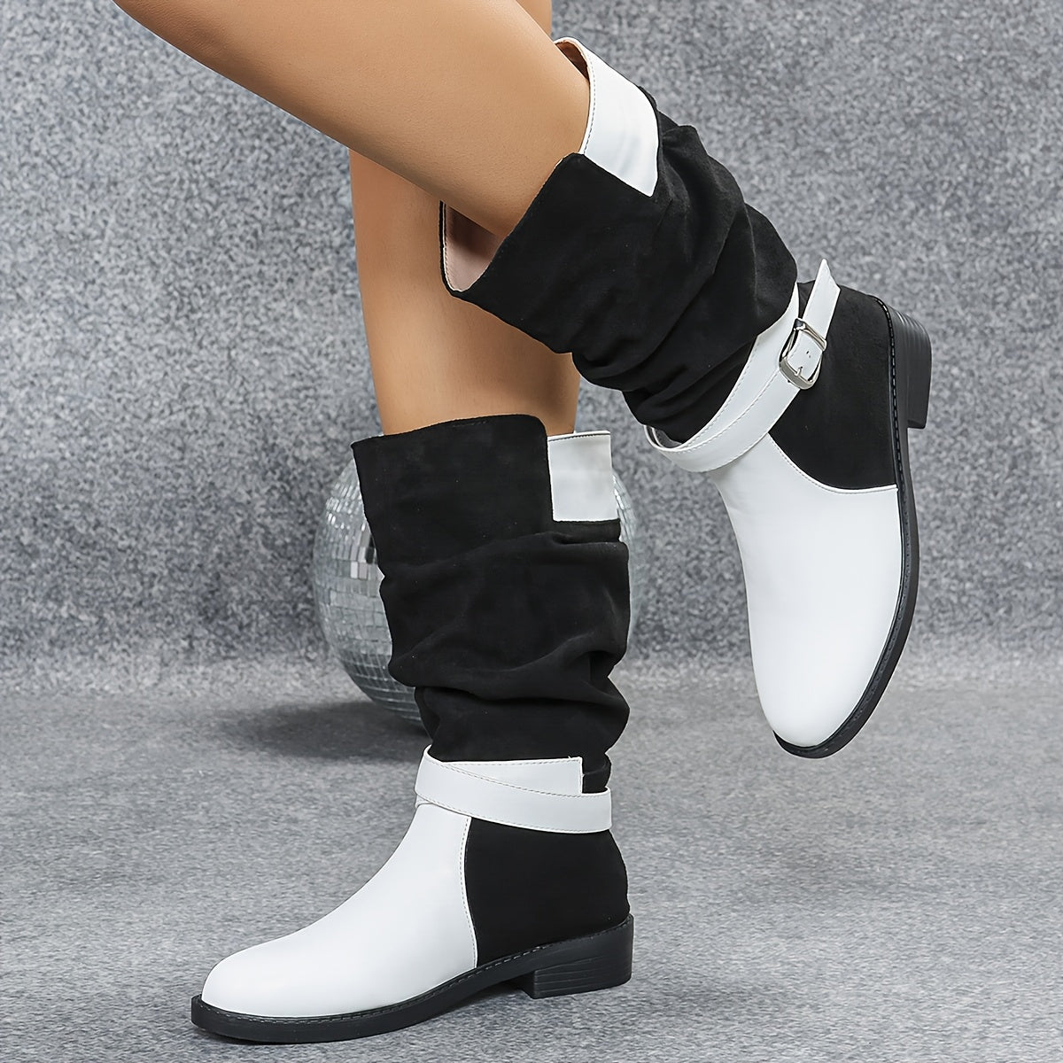 Chunky Heel Color-blocked Metal Buckle Embellished Boots