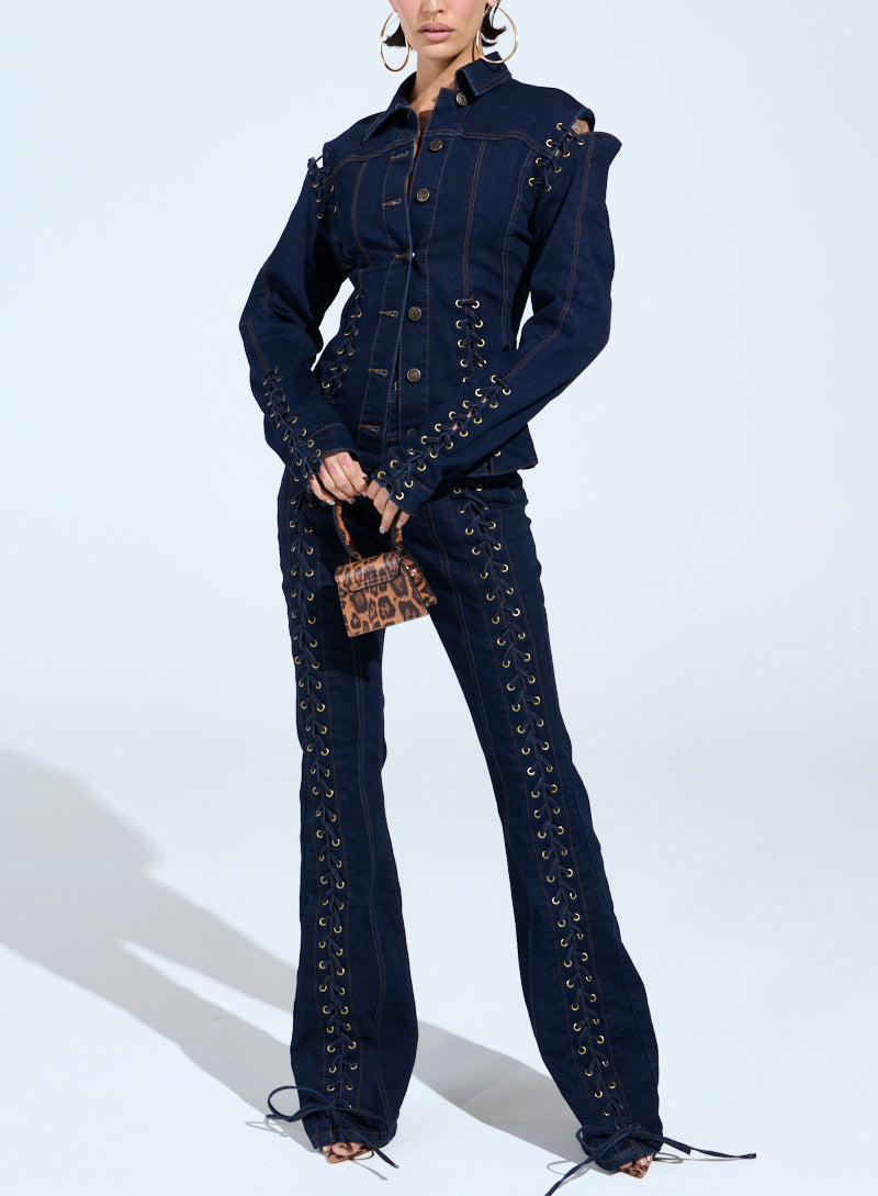 Off-shoulder Cross-strap Collar Fitted Denim Suit
