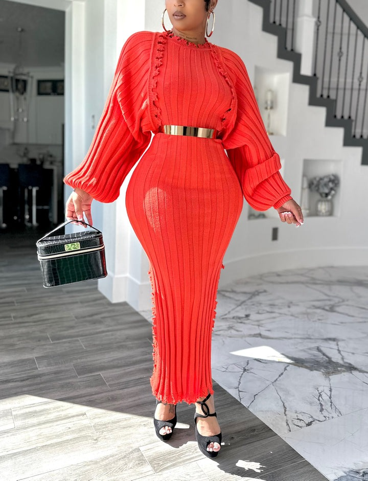 Elegant Ruffled Knit Dress Two-Piece Set