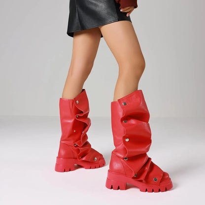 Platform Sole Metal Studded Two-way Wear Slouchy Knee-high Boot