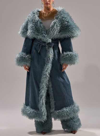 Oversized Lapel Fur Trim Denim Trench