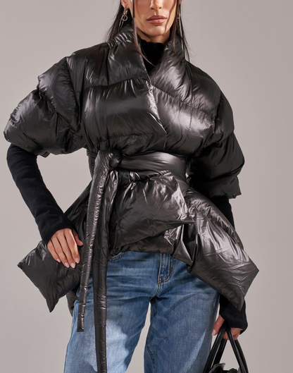 Ribbed Ruffled Puff Sleeve Jacket