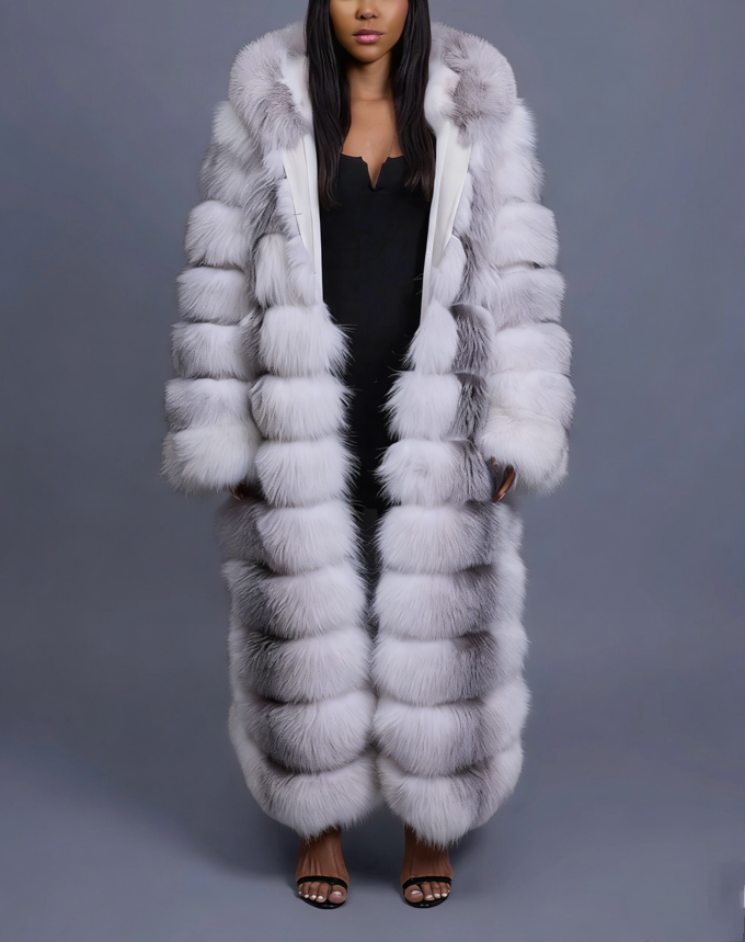Long Length Fox Fur Trench Coat With Hood