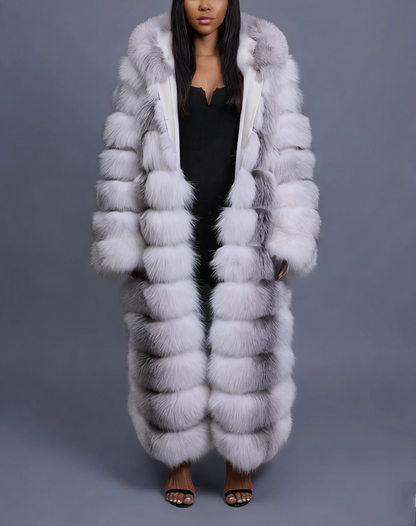 Long Length Fox Fur Trench Coat With Hood