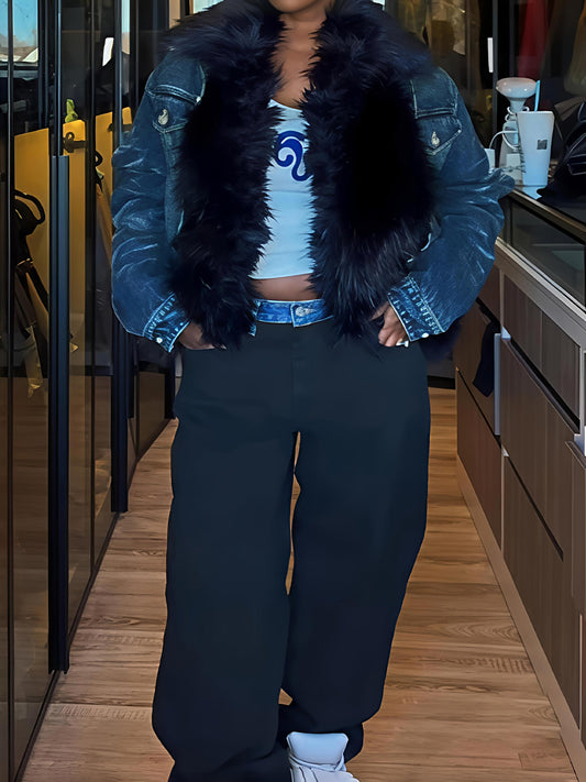 Treated Faux Fur Cinched Jacket Blue And Black