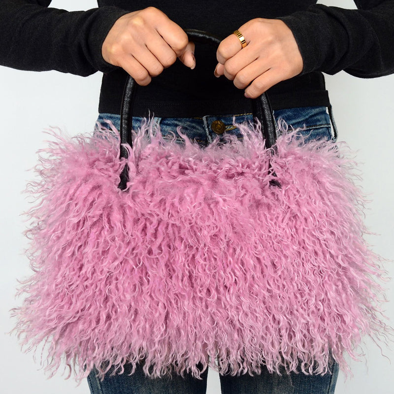 Imitation Wool Tote Bag With Genuine Leather Handles Handbag