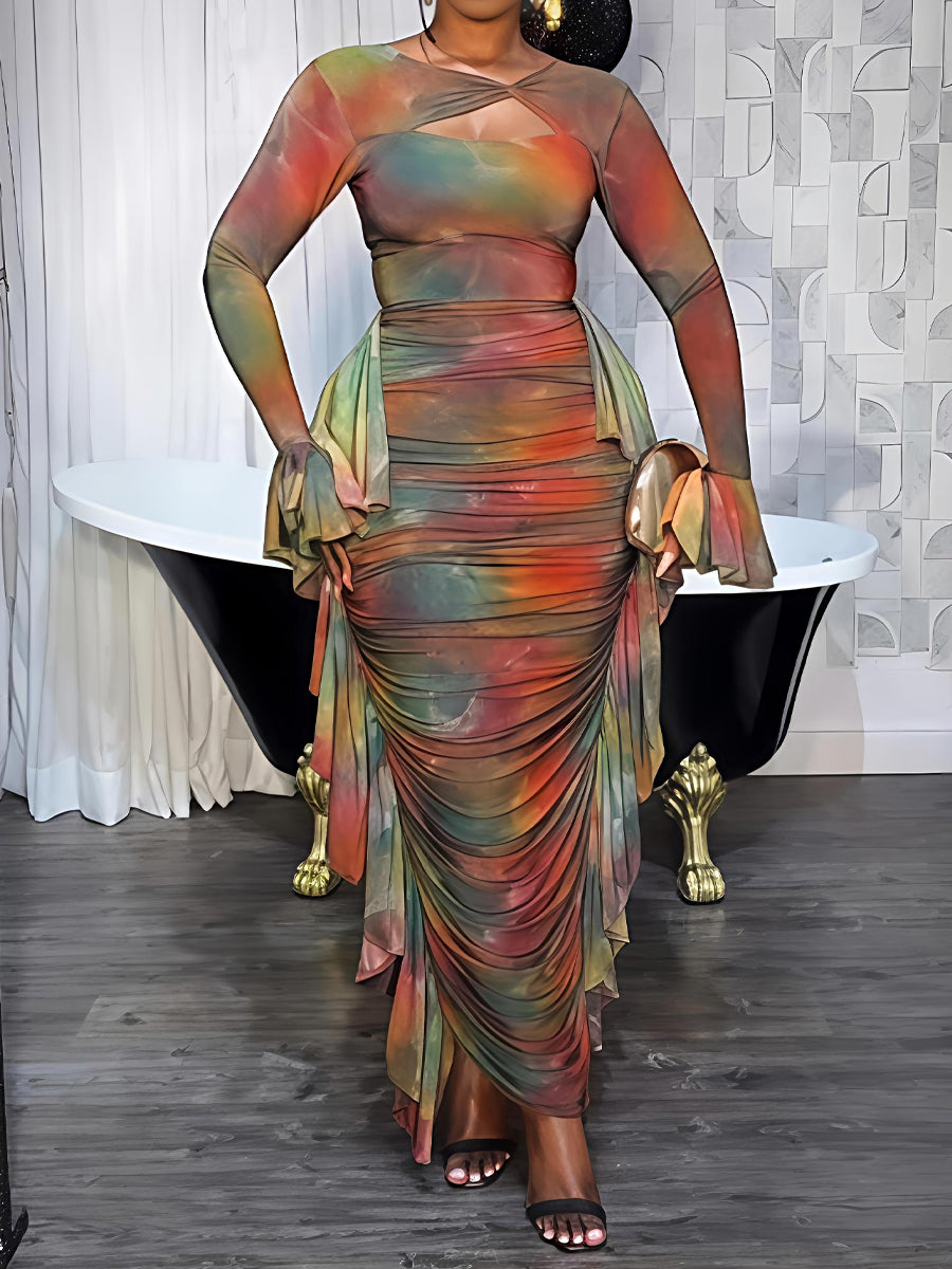 Fashion Mesh Printed Ruffled Maxi Dress