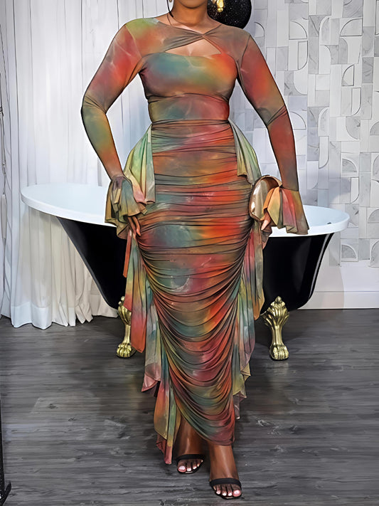 Fashion Mesh Printed Ruffled Maxi Dress