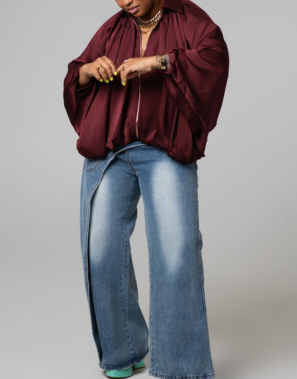 Wide-leg Denim Pants with Drapes