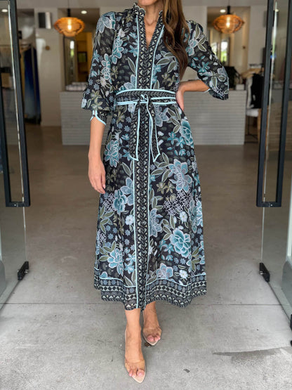 Elegant Printed Belted Maxi Dress