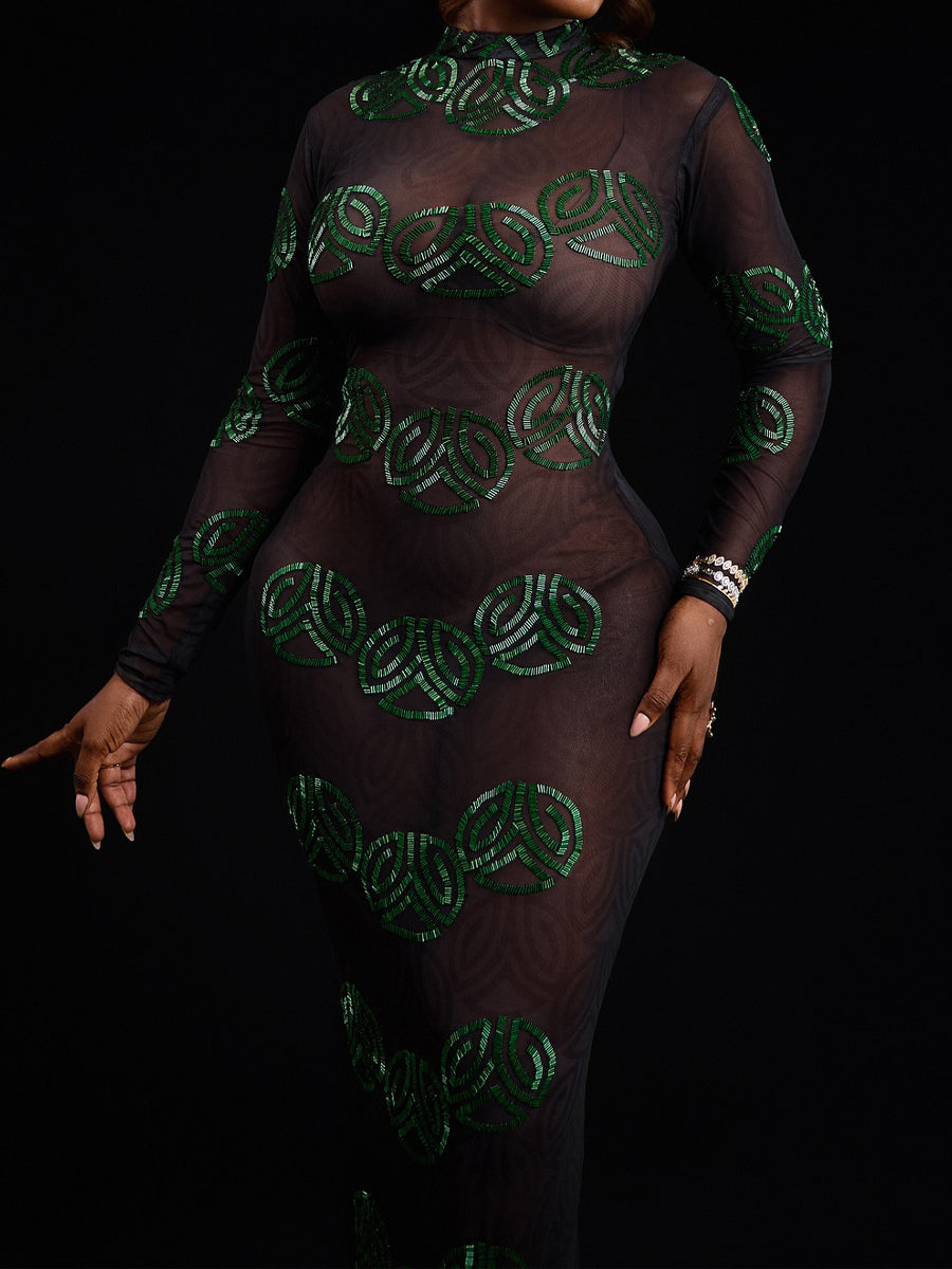 See-through Shinny Flare Sleeve Maxi Dress